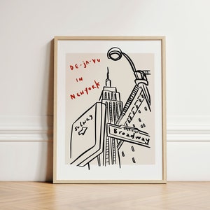 De Ja Vu in New York-print, Ink Bleed-stijl, trendy stadsposter, eigenzinnige muurkunst, New Yorkse poster, New York-print, Gallery Wall, INGELIJSTE