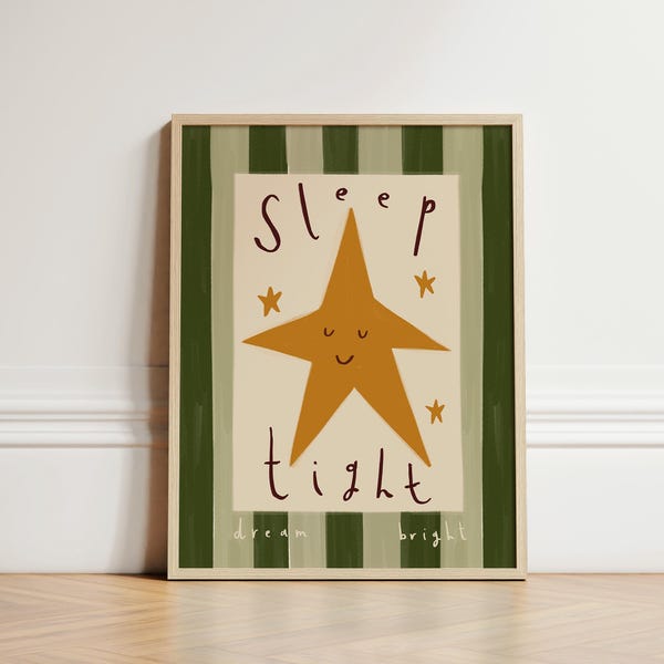 Slaap lekker print, sterrenkwekerij print, illustratie muurkunst, kunst aan de muur kinderkamer, boho kinderkamer decor, kinderkamer, schattige kinderkunst, INGELIJSTE