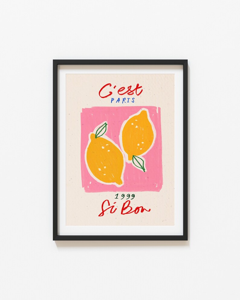 May include: A framed print with a pink background and two yellow lemons. The text "C'est Paris 1999 Si Bon" is written in red and blue.