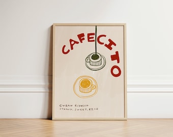Cafecito Print, Coffee Print, Trendy Cafe Print, Retro Kitchen Poster, Colourful Coffee Art Print, Kitchen Print, Hand Drawn Print, UNFRAMED