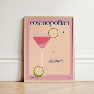 Cartel cosmopolita de moda, cartel de cócteles de moda, impresión de bebida retro, cartel retro, ingredientes de cóctel, decoración de bar, impresión de cocina UNFRAMED
