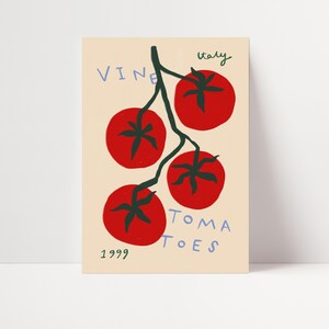 May include: A vintage-style illustration of red tomatoes on a vine with the text "VINE TOMATOES ITALY 1999" in blue.