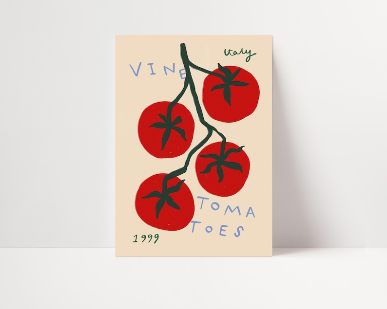 May include: A vintage-style illustration of red tomatoes on a vine with the text "VINE TOMATOES ITALY 1999" in blue.