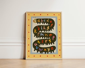 Alphabet Wall Art Print, Playroom ABC Poster for Kids Room, Caterpillar Print, Nursery Decor, Educational Animal Learning Wall Art UNFRAMED