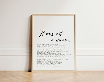 It Was All a Dream Print, Hip Hop Lyrics Print, Biggie Smalls Lyrics, Notorious Big, Wall Print, Quote Prints, Gift, Print Gift UNFRAMED