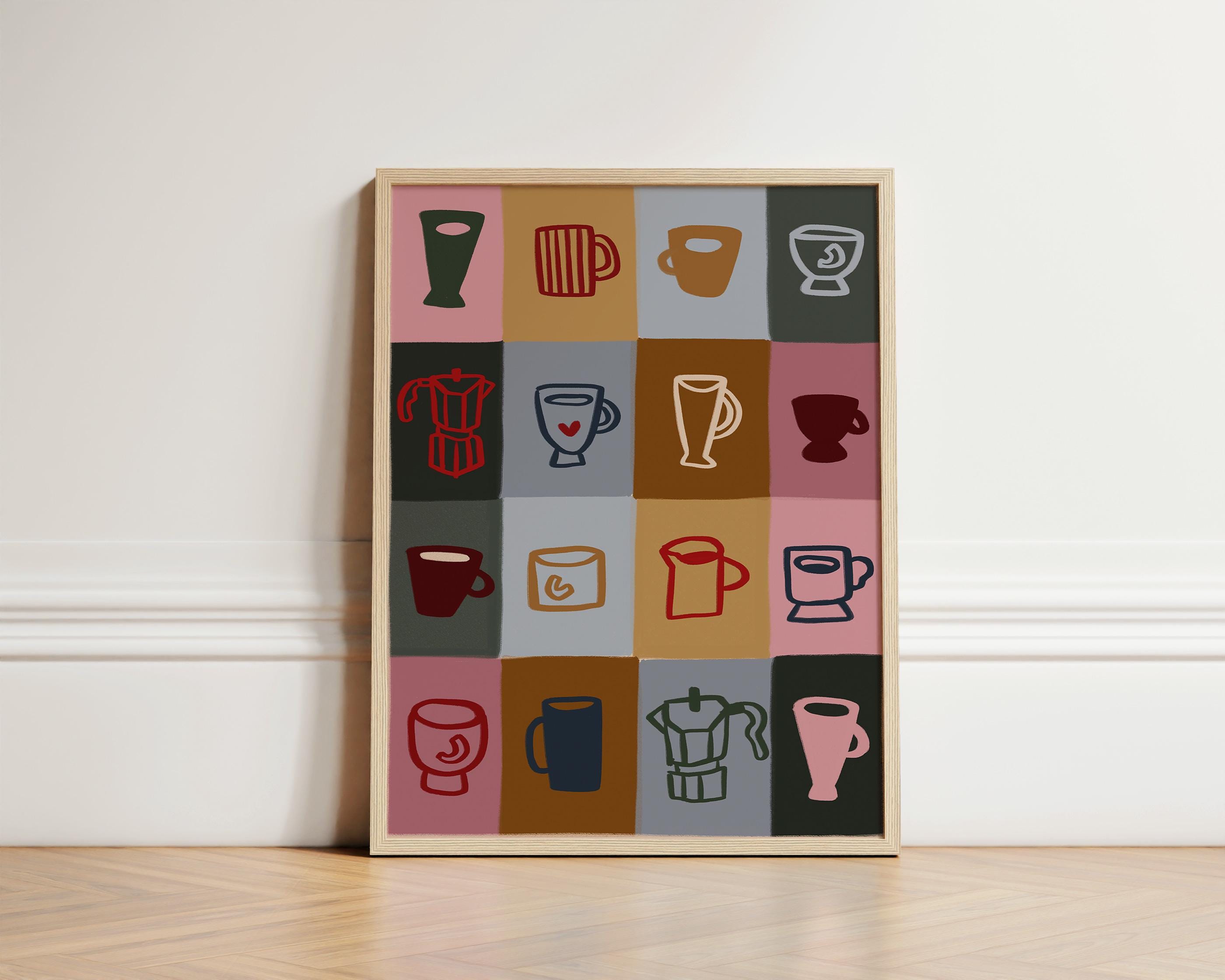 Kaffeetassen Druck, Handgezeichnete Druck Wandkunst, Kaffeeküche Druck, Küchen Wandkunst, Küchendrucke, Bunter Kaffee Wanddruck, UNGERAHMT