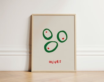Olives Poster, Retro Olives Print, Retro Cooking Print, Retro Kitchen Print, Kitchen Wall Art, Aesthetic Wall Decor, Home Inspo, UNFRAMED