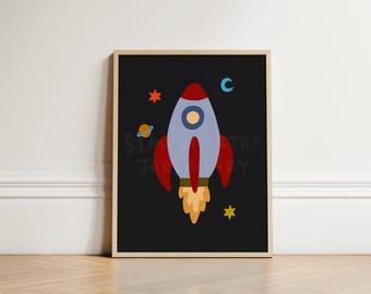 Space Rocket Kids Print, Nursery Decor, Kids Playroom Decor, Stars and Space Kids Room Print, Toddler Room Art, Kids Room Art Print UNFRAMED