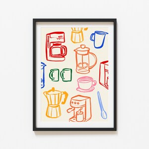 May include: A colorful illustration of various coffee makers, mugs, and a spoon. The illustration is framed in black and set against a cream background.