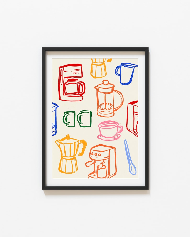 May include: A colorful illustration of various coffee makers, mugs, and a spoon. The illustration is framed in black and set against a cream background.
