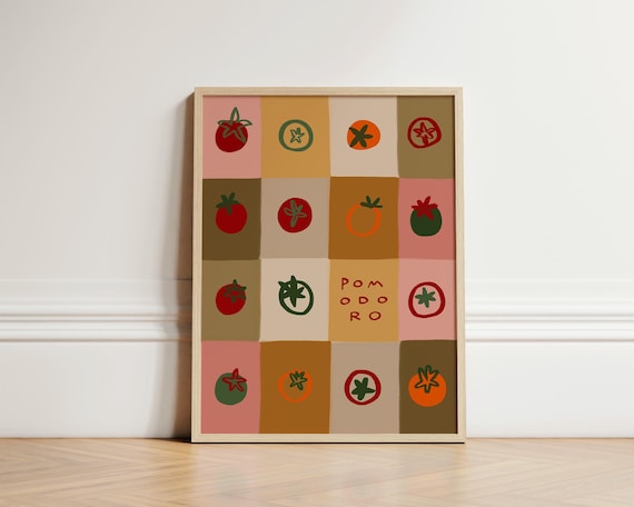 Pomodoro Print, Tomato Kitchen Wall Art, Italian Kitchen Decor, Checkerboard Wall Art, Colourful Food Print, Mediterranean Poster, UNFRAMED