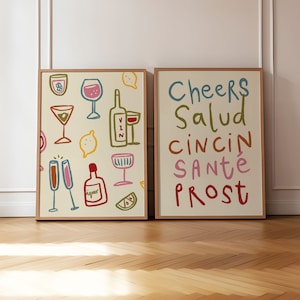 Set of 2 Cheers Glasses Prints, Colourful Wine Print, Retro Wall Art, Kitchen Wall Prints, Aesthetic Decor, Gallery Wall, UNFRAMED
