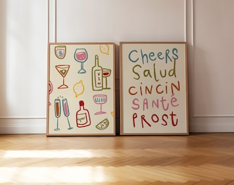 Set of 2 Cheers Glasses Prints, Colourful Wine Print, Retro Wall Art, Kitchen Wall Prints, Aesthetic Decor, Gallery Wall, UNFRAMED