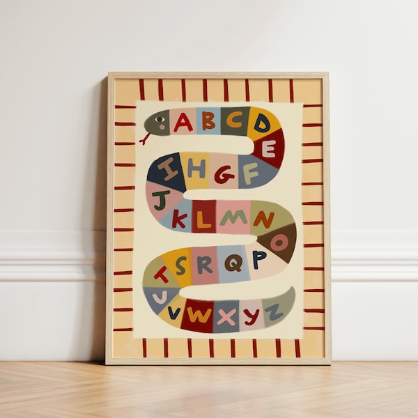 Alphabet Schlange Wand Kunst Druck – Buntes ABC Poster für Kinderzimmer, Kinderzimmer oder Spielzimmer – Lerndekor ungerahmt