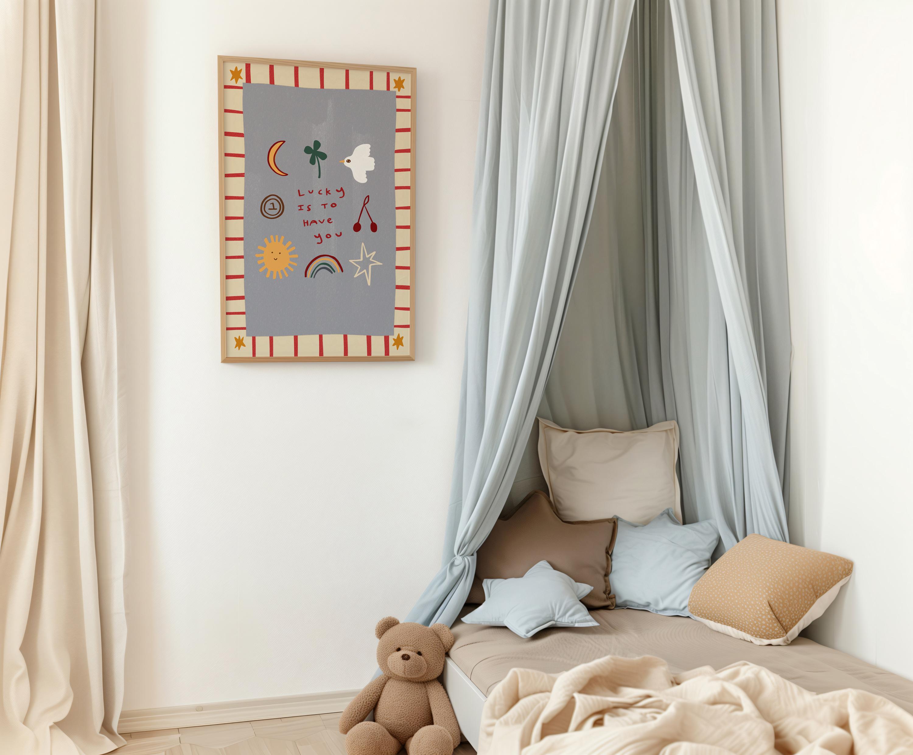 Lucky To Have You Print, Nursery Print, Bedroom Art, Illustration Wall Art, Nursery Wall Art, Boho Nursery, Kids Room, Play Room, UNFRAMED