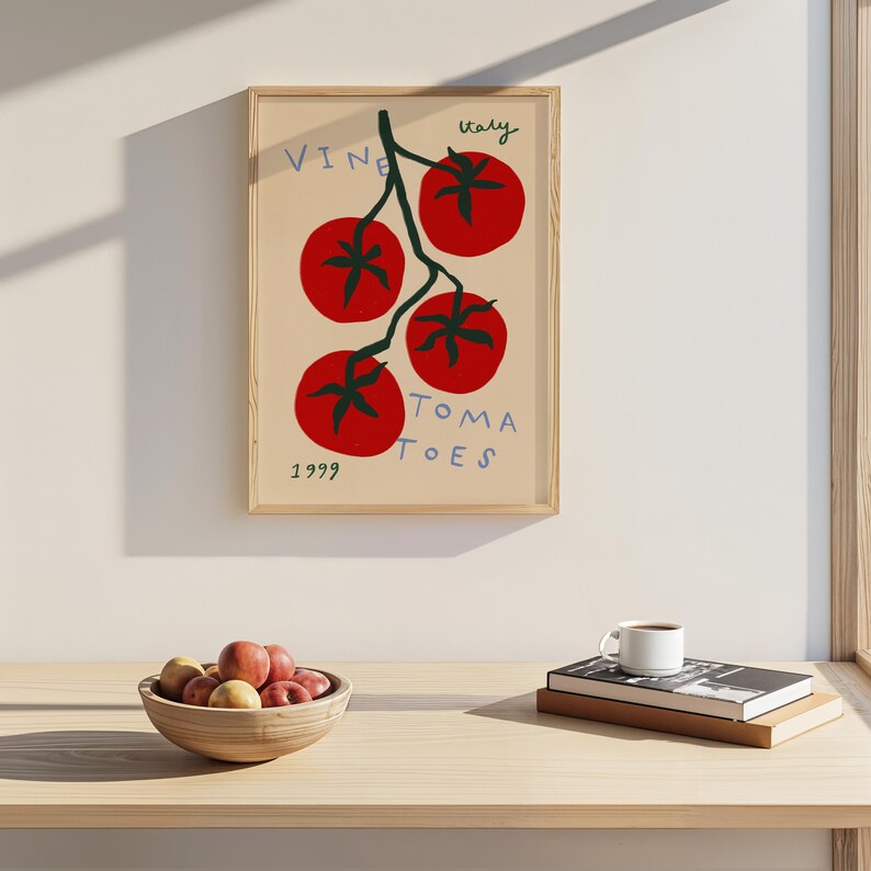 May include: A framed print of a red tomato vine with the text "VINE TOMATOES" and "Italy 1999".