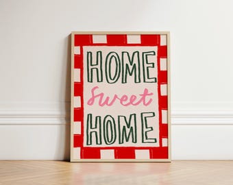 Home Sweet Home Print, Illustration Wall Art, Typography Poster, Colourful Print Wall Decor, Hand Drawn Kitchen Prints, Retro Wall, UNFRAMED