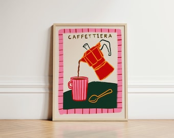 Stampa di caffettiera Moka, decorazione murale retrò per cucina, poster di caffè italiano, stampa Caffettiera, decorazione colorata a tema caffè, decorazione murale per cucina, SENZA CORNICE