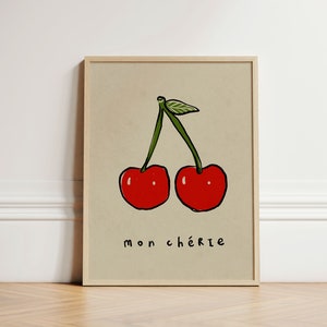 Mon Cherie Print, Cherries Print, French Wall Art, Retro Wall Prints, Home Wall Decor, Trendy Wall Art, Home Inspo, UNFRAMED