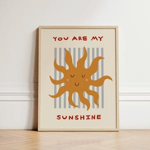 You Are My Sunshine-print, print peuterkamer, blauwe strepen, zon illustratie muurkunst, kinderkamer kunst, eclectische kinderkamer, speelkamer, INGELIJSTE
