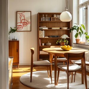 May include: A mid-century modern dining room with a wooden table and chairs. The table is set with a bowl of lemons and a white rug is on the floor. A bookshelf with books and a hanging light fixture are in the background.