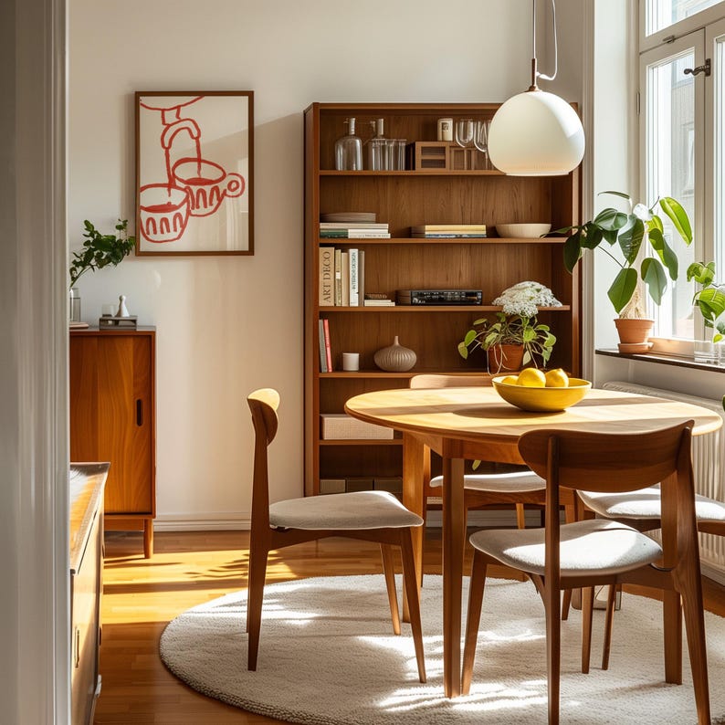 May include: A mid-century modern dining room with a wooden table and chairs. The table is set with a bowl of lemons and a white rug is on the floor. A bookshelf with books and a hanging light fixture are in the background.