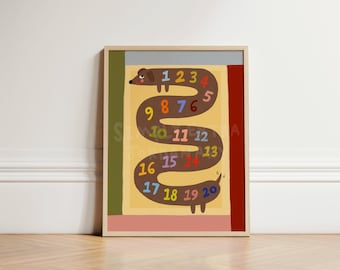Numbers Learning Wall Art Print, Playroom 123 Poster for Kids Room, Sausage Dog Print, Nursery Decor, Educational Counting Wall Art UNFRAMED