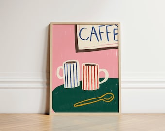 Caffé Stripe Mugs Print, Coffee Poster, Kitchen Wall Art, Kitchen Decor, Aesthetic Wall Art, Cafe Wall Art, Trendy Kitchen Print, UNFRAMED