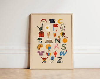 Alphabet Chart Print, Children's Alphabet Wall Art Print, Nursery Decor, Nursery Educational Learning Print, Fun Classroom Print, UNFRAMED