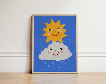 Sun and Clouds Nursery Print, Children's Whimsical Wall Art Print, Nursery Decor, Nursery Kids Room Decor, Toddler Bedroom Art, UNFRAMED
