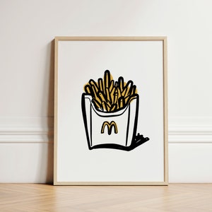 French Fries Print, Ink Bleed Style, McDonald&#39;s Fries, Fast Food, Kitchen Wall Print, Quirky Wall Art, Apartment Wall Art, UNFRAMED