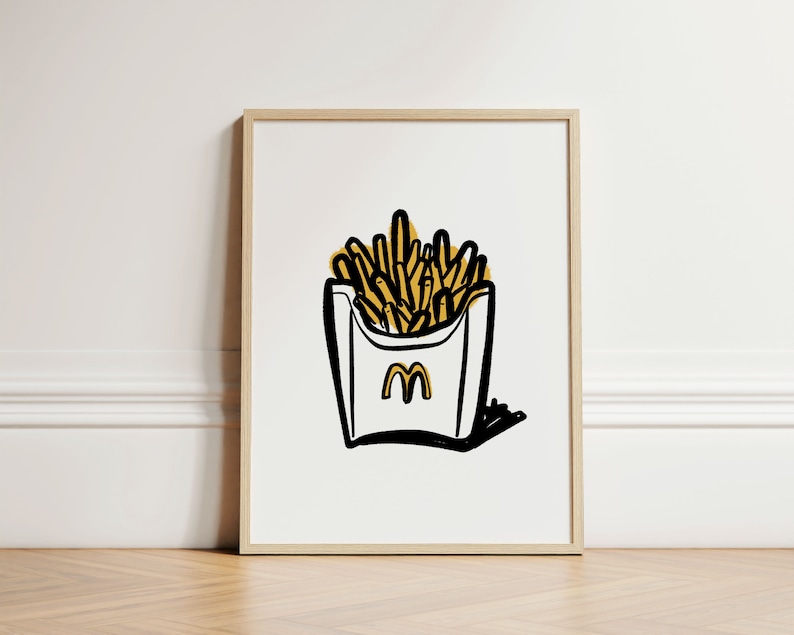 K&ouml;nnte beinhalten: Eine Schwarz-Wei&szlig;-Zeichnung eines stilisierten Pommes-Beh&auml;lters mit dem McDonald's-Logo. Die Pommes sind gelb.
