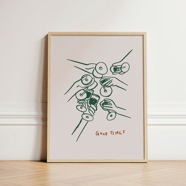 Good Times Wine Print, Ink Bleed Style, Retro Wall Art, Keukenmuurprints, Esthetische Kamerdecoratie, Galeriemuur, Home Inspo, INGELIJST