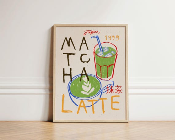 Matcha Latte Print, Coffee Wall Art, Cute Matcha Poster, Kitchen Decor, Aesthetic Cafe Wall Art, Trendy Food Illustration, Bar Cart UNFRAMED