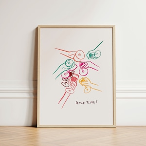 Colourful Good Times Wine Print, Ink Bleed Style, Retro Wall Art, Kitchen Wall Prints, Aesthetic Decor, Gallery Wall, Home Inspo, UNFRAMED