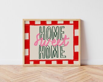 Home Sweet Home Print, Horizontal Illustration Wall Art, Typography Poster, Colourful Print Wall Decor, Hand Drawn Print, Retro, UNFRAMED