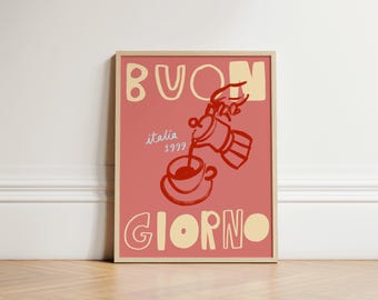 Italian Coffee Poster, Buongiorno Wall Art Print, Retro Kitchen Decor, Moka Pot Illustration, Vintage Style Coffee Artwork, UNFRAMED