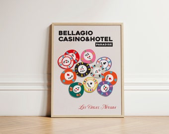 Las Vegas Print, Ink Bleed Style, Bellagio Casino Print, Las Vegas Nevada, Casino Poster, Casino Chips, Quirky Trendy Wall Art, UNFRAMED