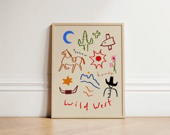 May include: A framed art print featuring a beige background with colorful illustrations of a horse, cactus, sun, and cowboy. The words "Wild West" are written in red at the bottom. The artwork has a whimsical, hand-drawn style.