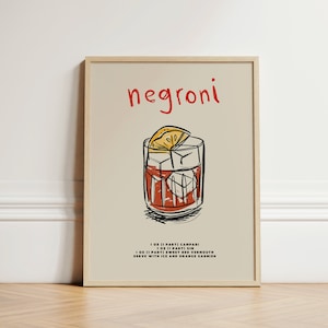 Negroni-print, cocktailrecept, retro kunst aan de muur, keukenmuurafdrukken, keukendecor, esthetische kamerdecoratie, galerijmuur, Home Inspo, INGELIJST