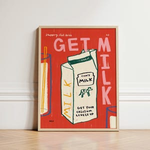 Koop melk print, eigenzinnige keukenposter, keukenmuurkunst, keukendecor, kleurrijke muurkunst, voedselkunst aan de muur, trendy keukenprint, INGELIJSTE