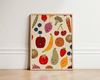 Fruit Friends Print, Nursery Learning Print, Fruit Illustration Wall Art, Nursery Wall Art, Eclectic Nursery, Kids Room, Play Room, UNFRAMED