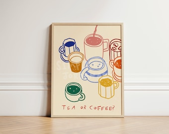 Tea or Coffee Print, Coffee Kitchen Wall Art, Colourful Mug Poster, Cafe Kitchen Decor, Coffee Lover Gift, Aesthetic Kitchen Art, UNFRAMED