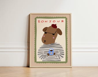 Bonjour Dog Illustration Print, Eclectic Art, Coffee Illustration Wall Art, Boho Illustration Art, Eclectic Kitchen, Kids Room, UNFRAMED