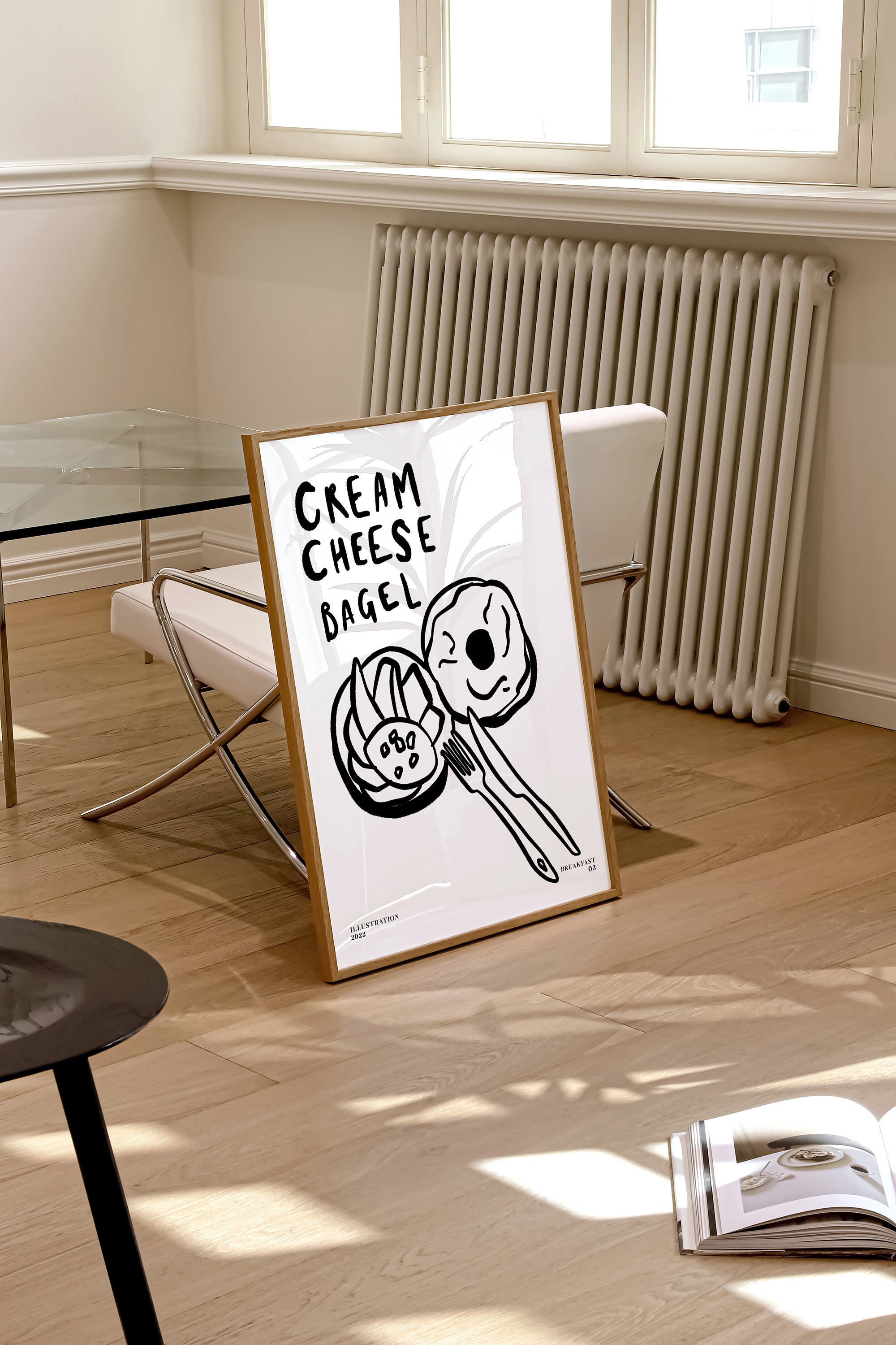 Breakfast Print Trendy Breakfast Poster, Ink Bleed Style, Cream Cheese Bagel Print ...