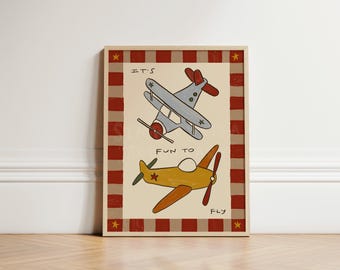 Planes Print, Vintage Flying Planes Nursery Print, Playful Toddler Bedroom Art, Illustration Art, Nursery Wall Art, Hand Drawn, UNFRAMED
