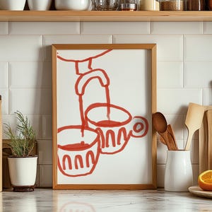 May include: A framed illustration of two red cups with a red line drawing of a faucet pouring liquid into the cups.