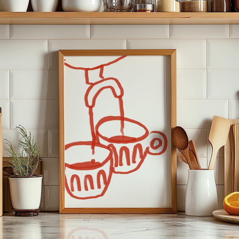 May include: A framed illustration of two red cups with a red line drawing of a faucet pouring liquid into the cups.