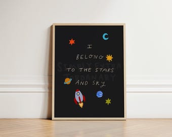 Space and Stars Kids Print, Nursery Decor, Kids Playroom Decor, Outer Space Kids Room Print, Toddler Room Art, Kids Room Art Print UNFRAMED