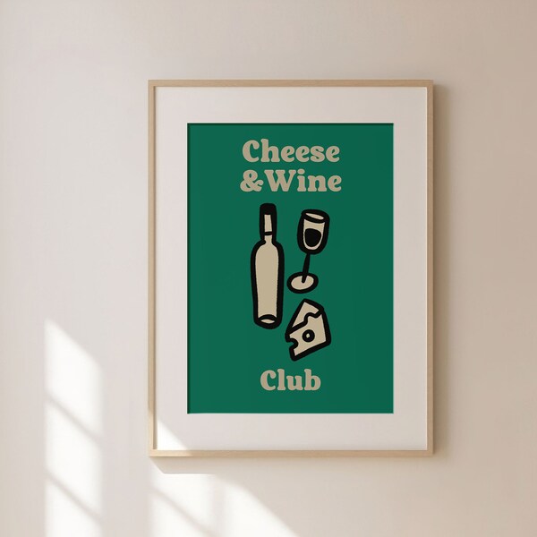Cheese and Wine Club Print, Ink Bleed Style, Cheese Print, Wine Poster, Kitchen Print, Trendy Kitchen Poster, Kitchen Wall, Retro, UNFRAMED